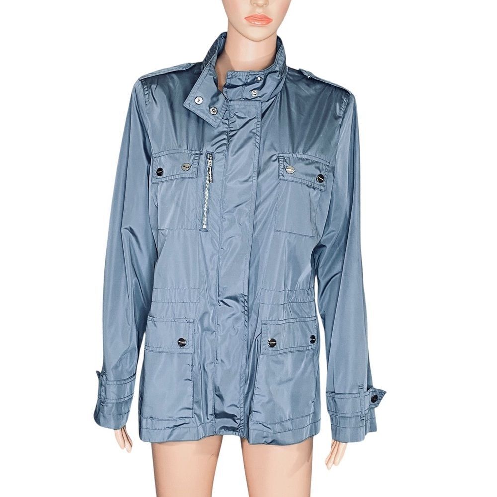 Calvin Klein Hooded Field Jacket Water Resistant Utility Blue Gray Womens SZ Lg